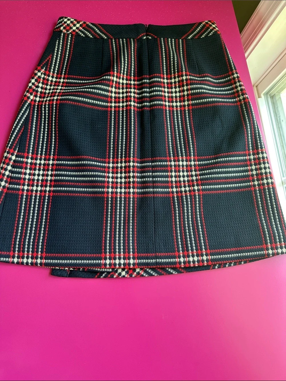 Halogen Navy Plaid A-Line Skirt with Red Accent